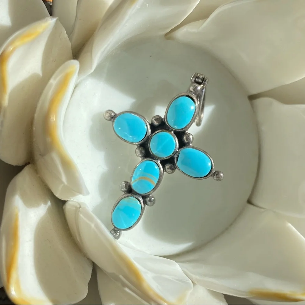 Sterling Silver Turquoise Cross Pendant Vintage Southwest Boho Artist Signed - Picture 1 of 12